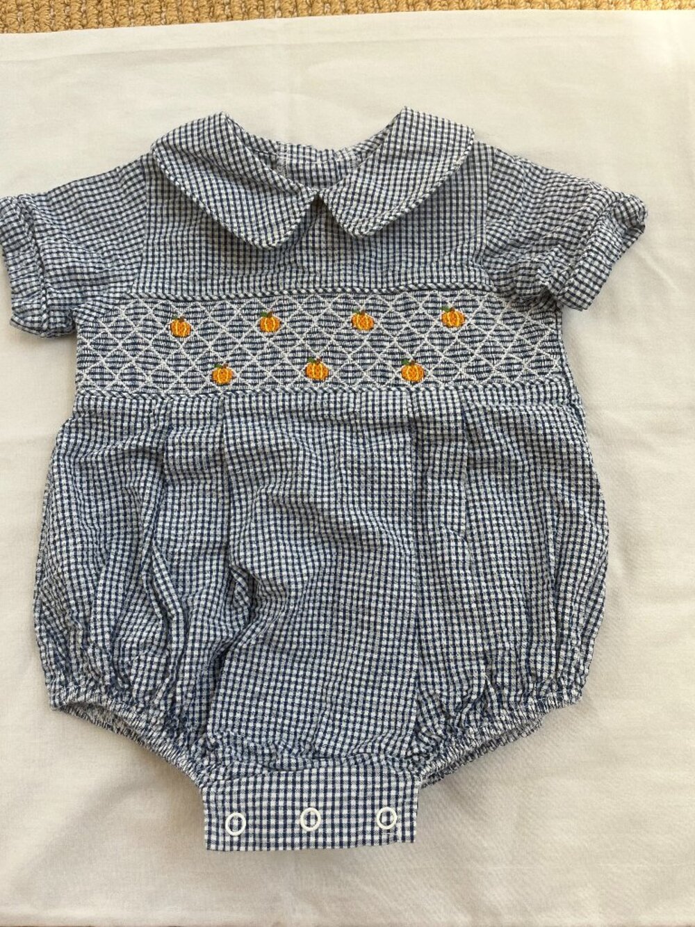 Dark Blue and White Gingham Bubble Romper with Pumpkin Smocking Size 12M